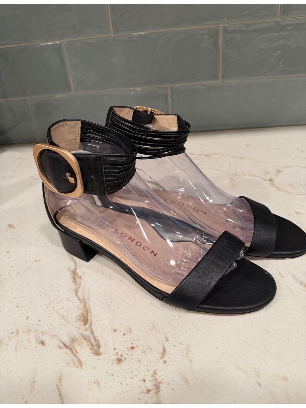 Sacha London Black Leather Ankle Strap Gold Buckle Low Heel Sandals Size 8
